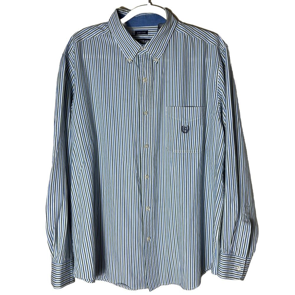 Chaps Men's Shirt, Blue, White and Green Stripe, Button Down Collar, Size XL‎